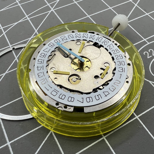 Swiss ISA 8161 watch with silver case, quartz movement, date at 4, and multifunctional 6 hands.