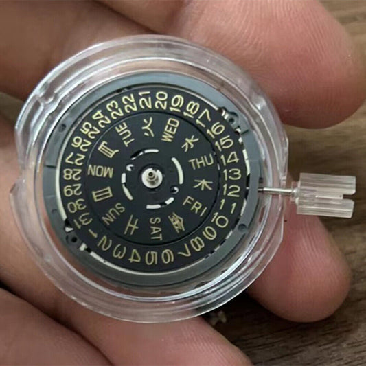 NH36 Japan automatic watch movement with black dial, golden font, crown positioned at 3.0/3.8, for precision timekeeping.