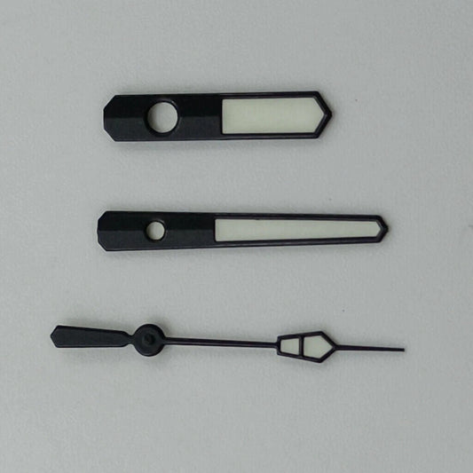 Black trim green lume watch hands, compatible with NH35 NH36 7S26 7S36 4R35 4R36 movements, ideal for watch repairs.