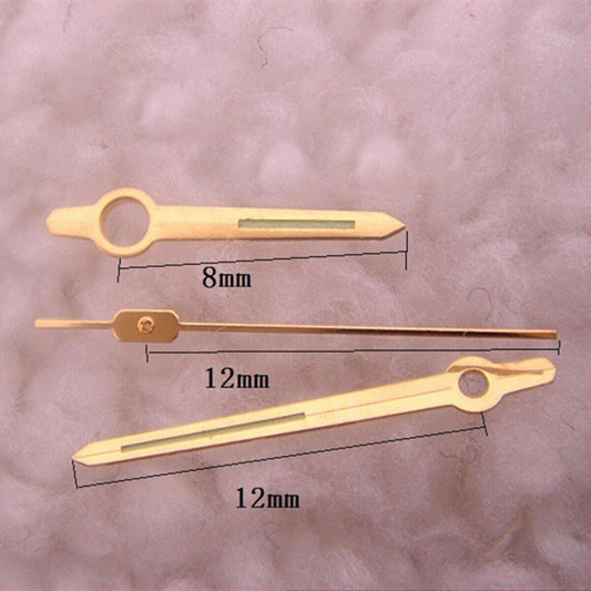 12mm golden trim green luminous watch hands by Orient, compatible with 46941 and 46943 movements.