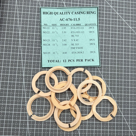 Set of 12 AC-676-11.5 movement case spacers, 5 sizes for precise watch accessory fitting.