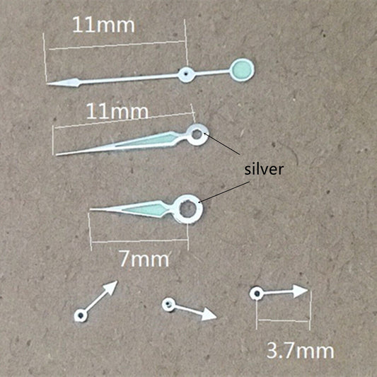 Silver trim green luminous pointed watch hands for Miyota OS10 OS20 OS60 OS80 movements, precise timekeeping accessory.