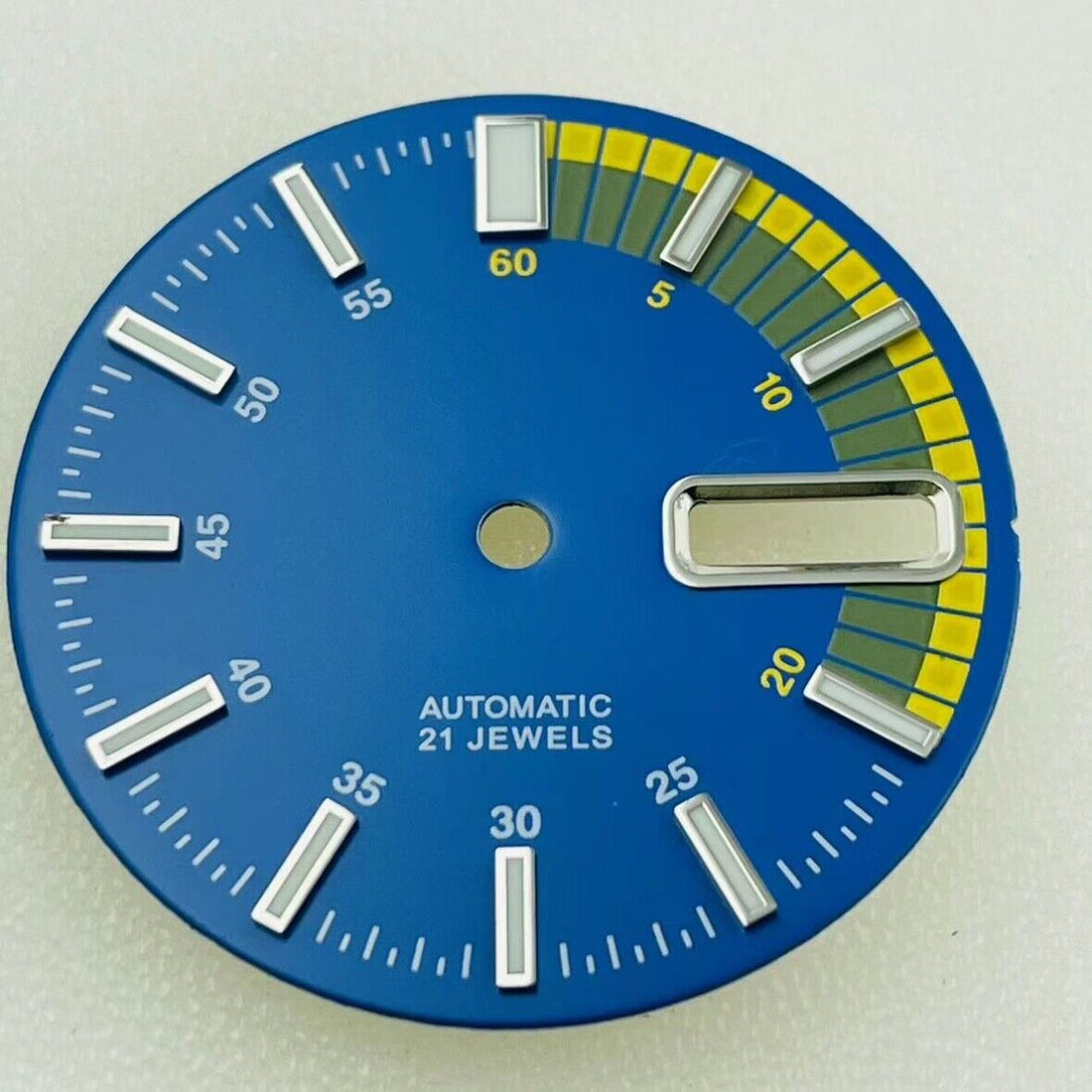 Green luminous watch dial with blue and yellow accents for NH36/4R36 movement, compatible replacement.