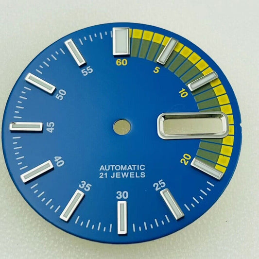 Green luminous watch dial with blue and yellow accents for NH36/4R36 movement, compatible replacement.