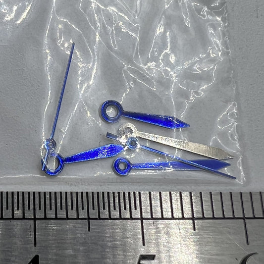 11mm blue arrow-shaped watch hands by Miyota for 2035 quartz movement, no lume, sleek design.
