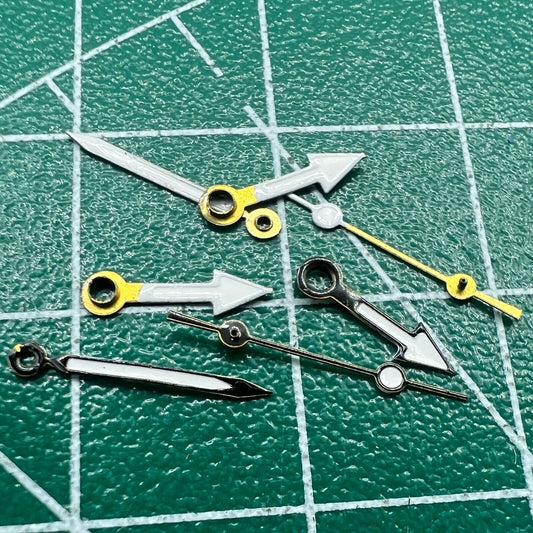 Black watch hands set for Miyota 2035 movement, sizes 15mm, 12mm, and 9mm, sleek design.