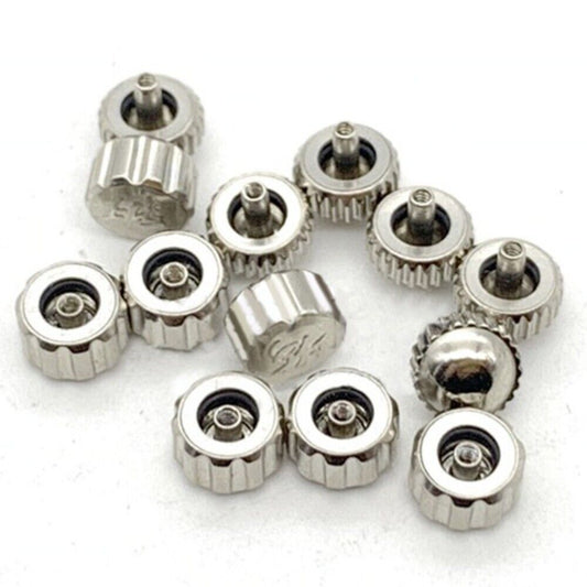 Set of 3 flat and round watch crowns for China-made Shanghai 7120 movement, ideal for watch repair and customization.