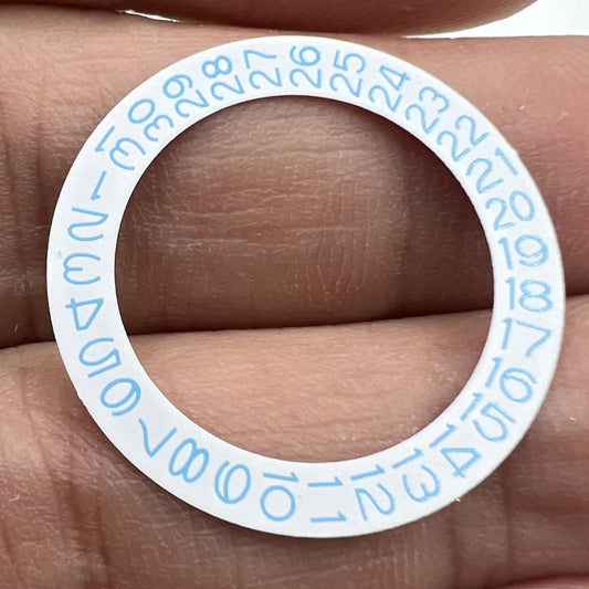 Sky blue date wheel disk for Miyota NH35 NH36 watch movement, white background, precise design.