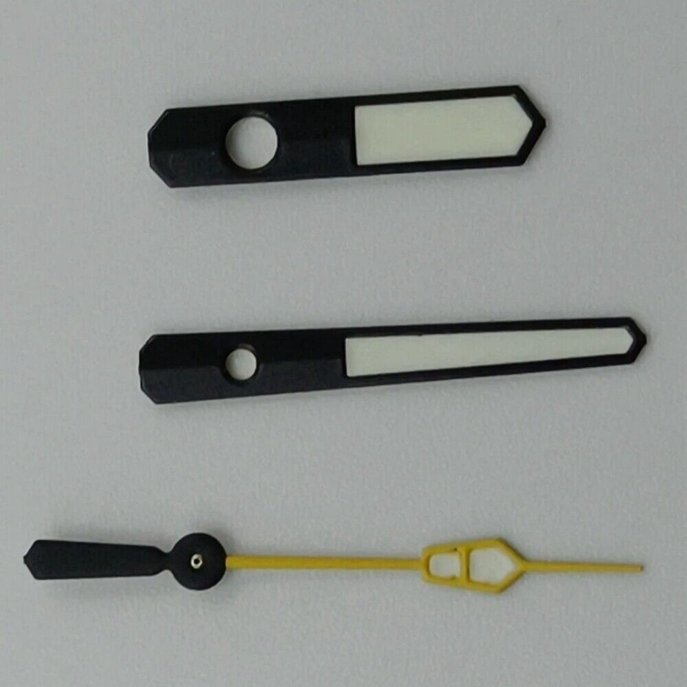 Black and yellow trim watch hands with green lume for NH35 NH36 7S26 7S36 movements.