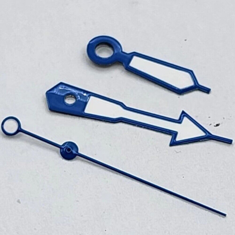Blue trim arrow-shaped watch hands with green lume, compatible with NH35 NH36 NH38 NH39 NH34 movements, signed.
