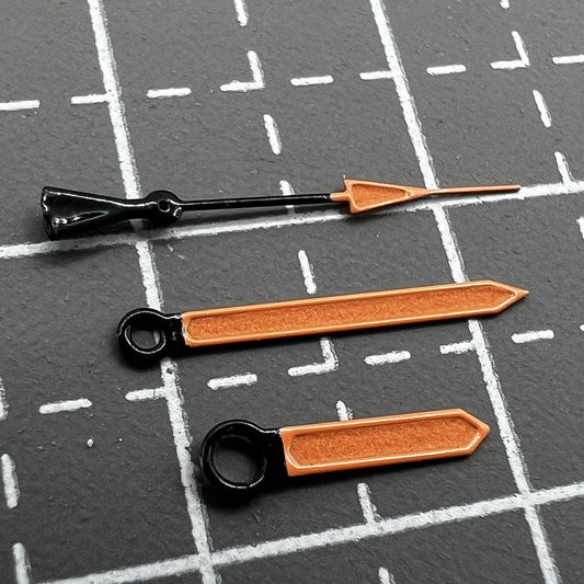 Orange luminous watch hands with orange trim for Seiko NH36, NH35, and 7S26 movements, enhancing visibility.