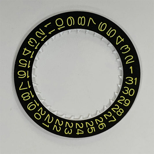 Yellow character date wheel for NH35 NH36 watches, black background, precise replacement part.