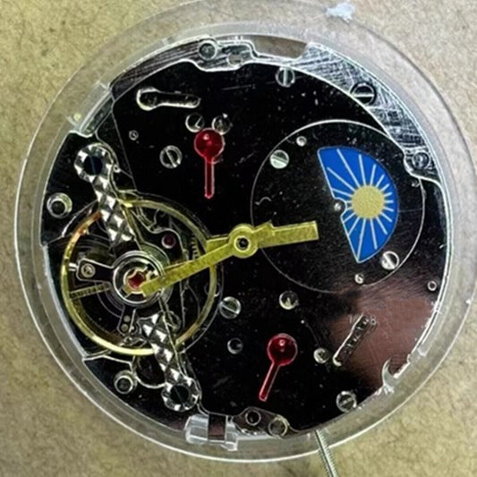 China made multifunctional automatic mechanical watch with moon phase at 12 o'clock, sleek design.