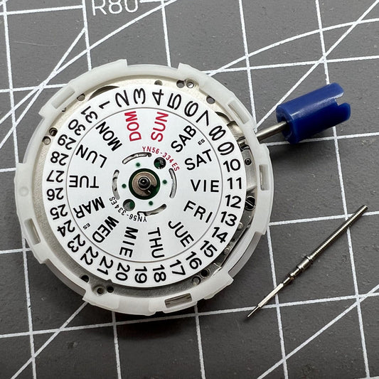 Japan Epson YN56 mechanical watch movement showing date and day display for precision timekeeping
