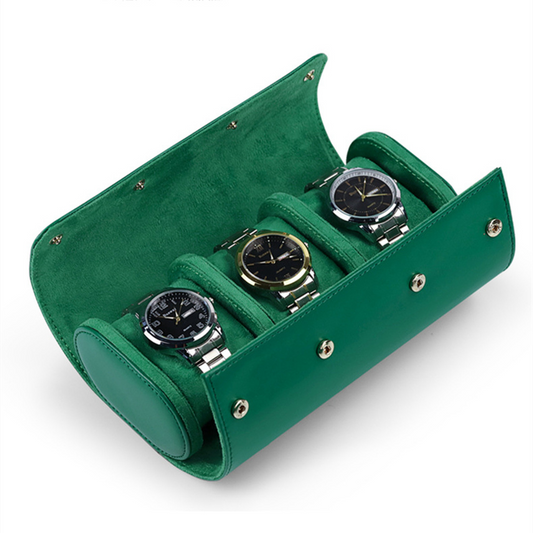 1. Leather travel watch case with 3 slots for organizing and protecting watches on the go.  