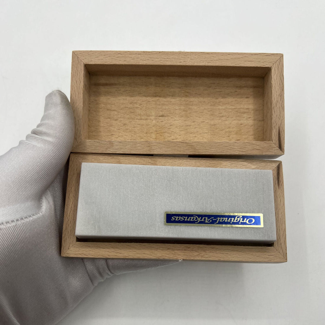 Horotec MSA16.051 rectangular Arkansas stone in wooden box for precise watch accessory sharpening.