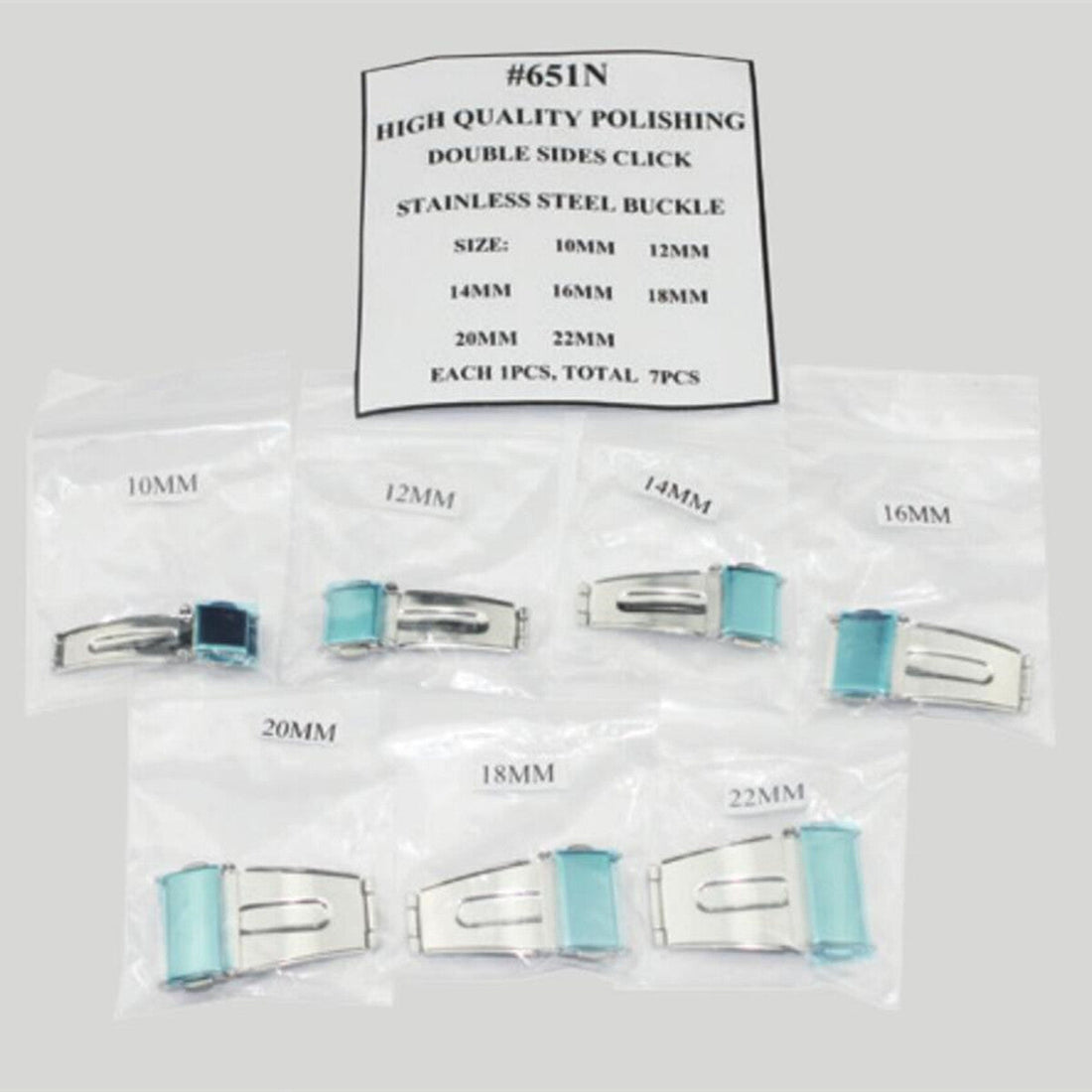 7pcs stainless steel watch buckles with double-sided silver polishing for durable, stylish replacements.