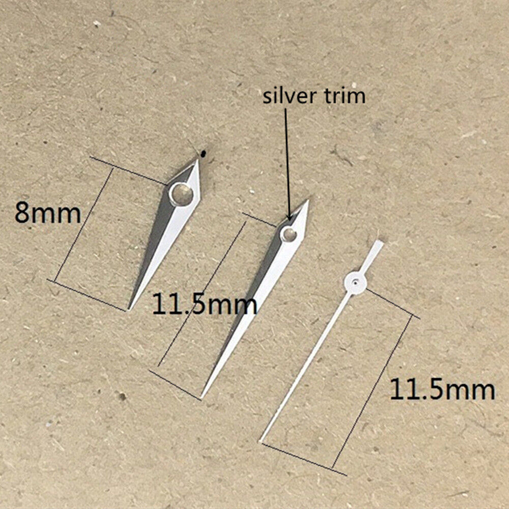 Silver polished arrow-shaped watch hands for Miyota 1M12, no lume, stylish precision.