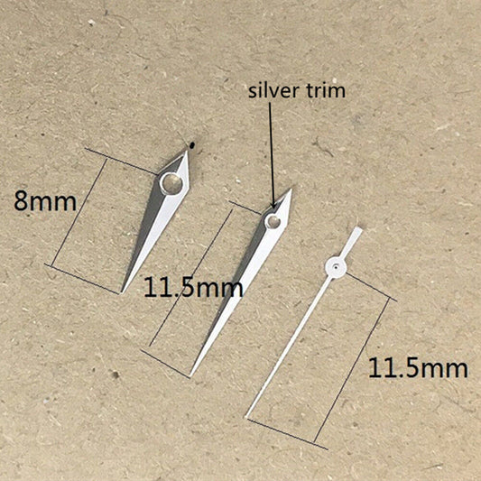 Silver polished arrow-shaped watch hands for Miyota 1M12, no lume, stylish precision.