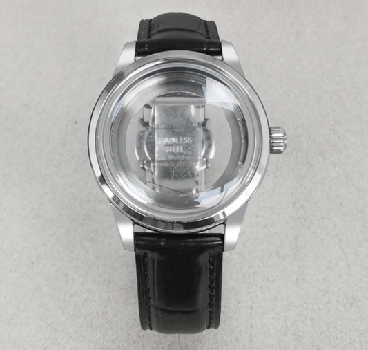 39mm stainless steel watch case with butterfly buckle leather band, compatible with NH35/36 movements,.
