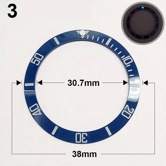38mm ceramic blue watch bezel with silver font and green luminous markers, compatible watch accessory.