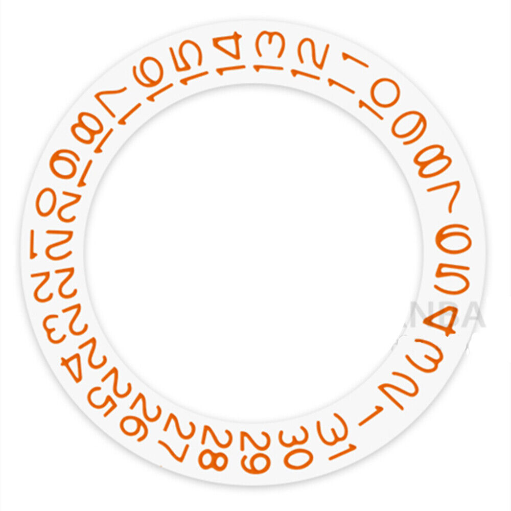 Seiko NH35 date wheel with orange character disk, date at 3 o'clock on white background.