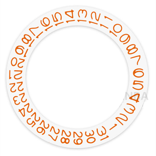 Seiko NH35 date wheel with orange character disk, date at 3 o'clock on white background.