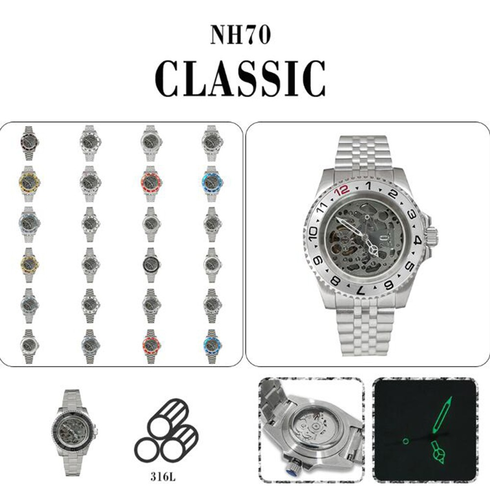 NH70 40mm stainless steel watch case with sapphire glass, hollow dial, and luminous hands for clear time reading.