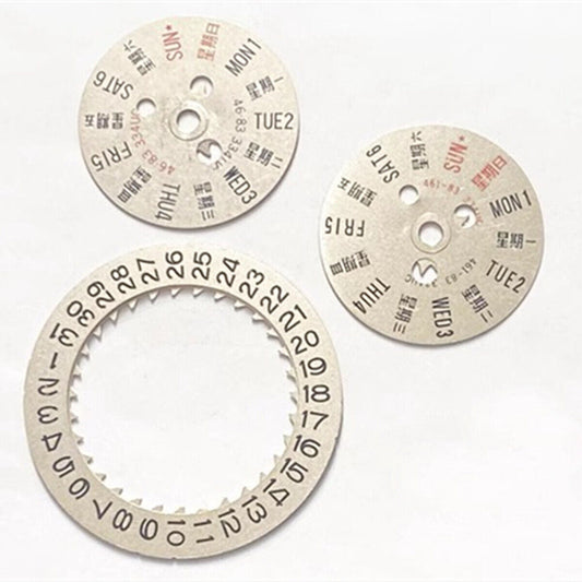 Silver date and week disk for Orient 46941 46943 watch movement accessory.