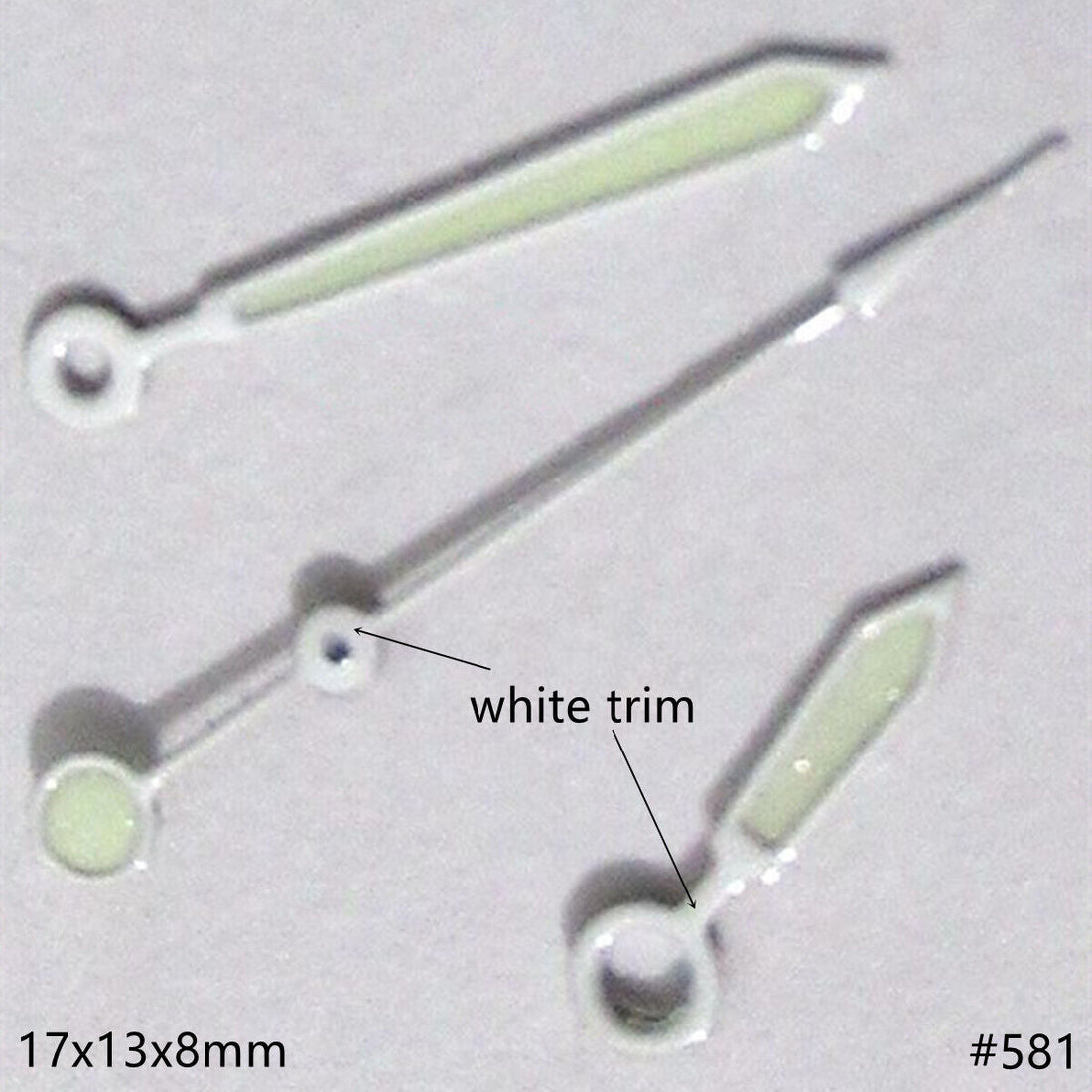 17mm watch hands set with green lume and white trim for Miyota 2035 movement.