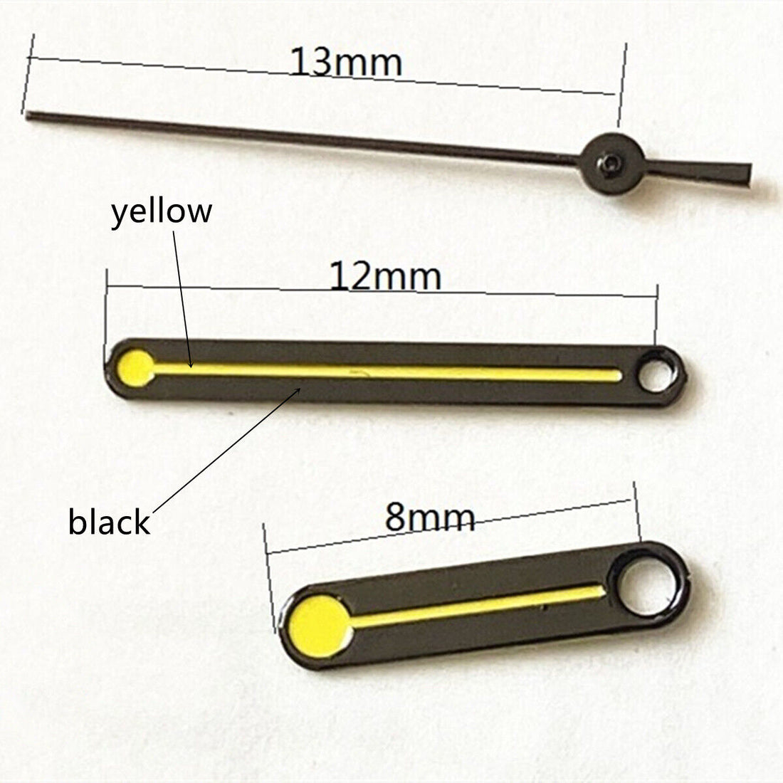 Round tip black-trimmed yellow watch hands for Ronda 515 quartz movement, durable and precise replacement.