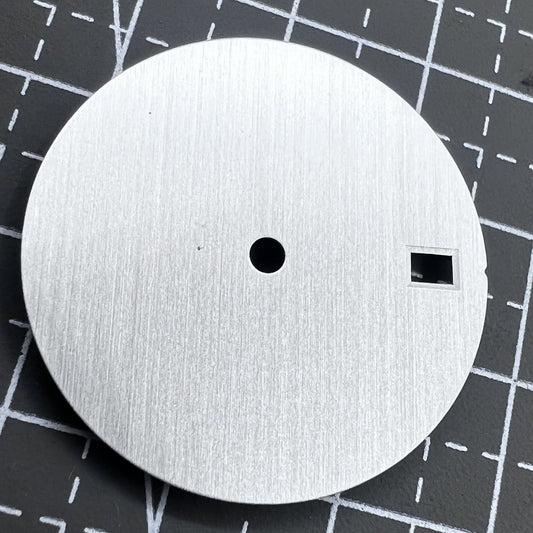 Silver 28.5mm watch dial with calendar, compatible with NH35/36 movement, ideal for precision watch repair.