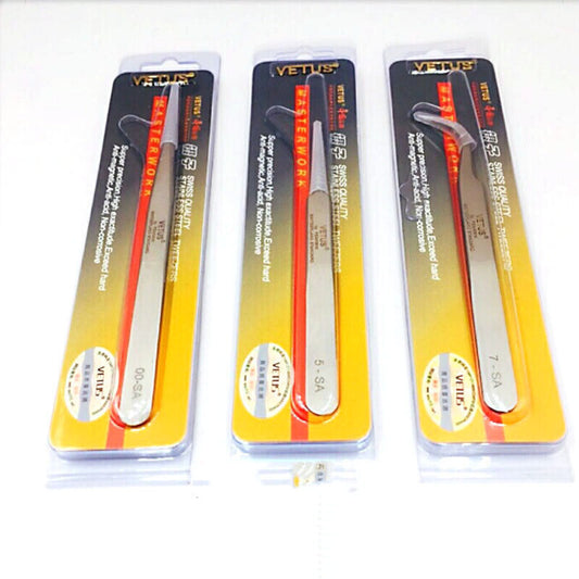 VETUS SA Series stainless steel non-magnetic tweezers for precise watch repair and replacement tasks.