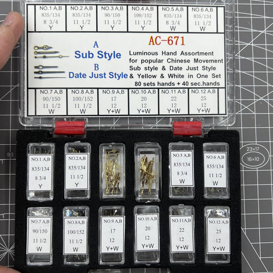Set of luminous watch hands for Chinese movement, Datejust style, enhancing visibility and precision.