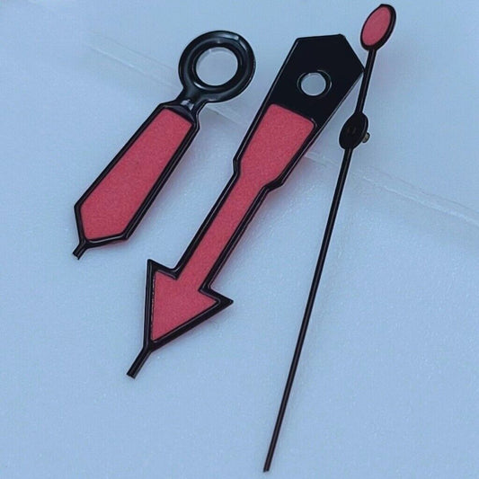 Black trim red painted watch hands with green lume for NH35 NH36 7S26 7S36 movements, perfect for Seiko mods.
