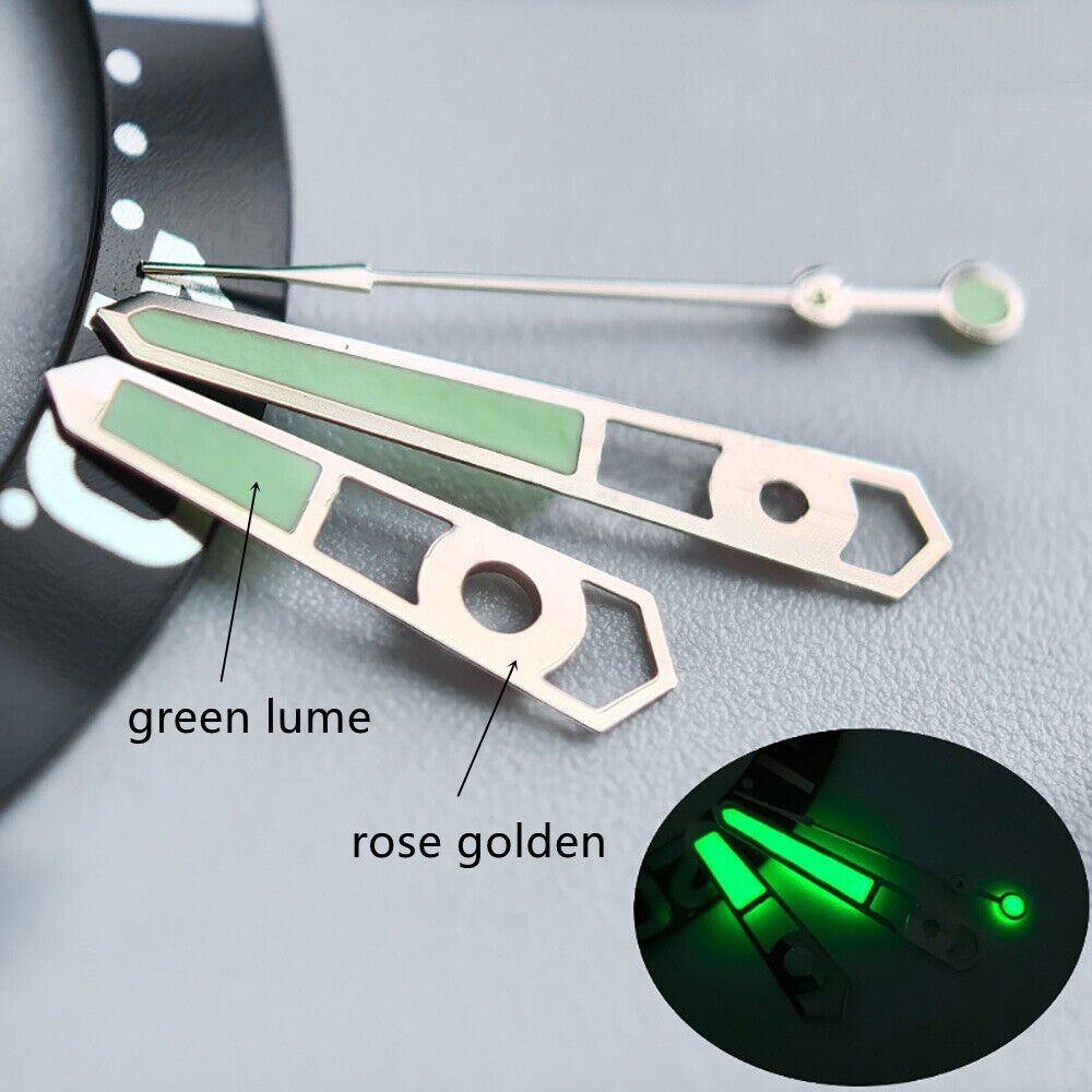 Hollow rose gold 13mm watch hands with green lume for NH35 NH36 movement