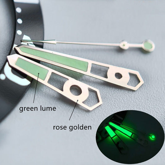 Hollow rose gold 13mm watch hands with green lume for NH35 NH36 movement