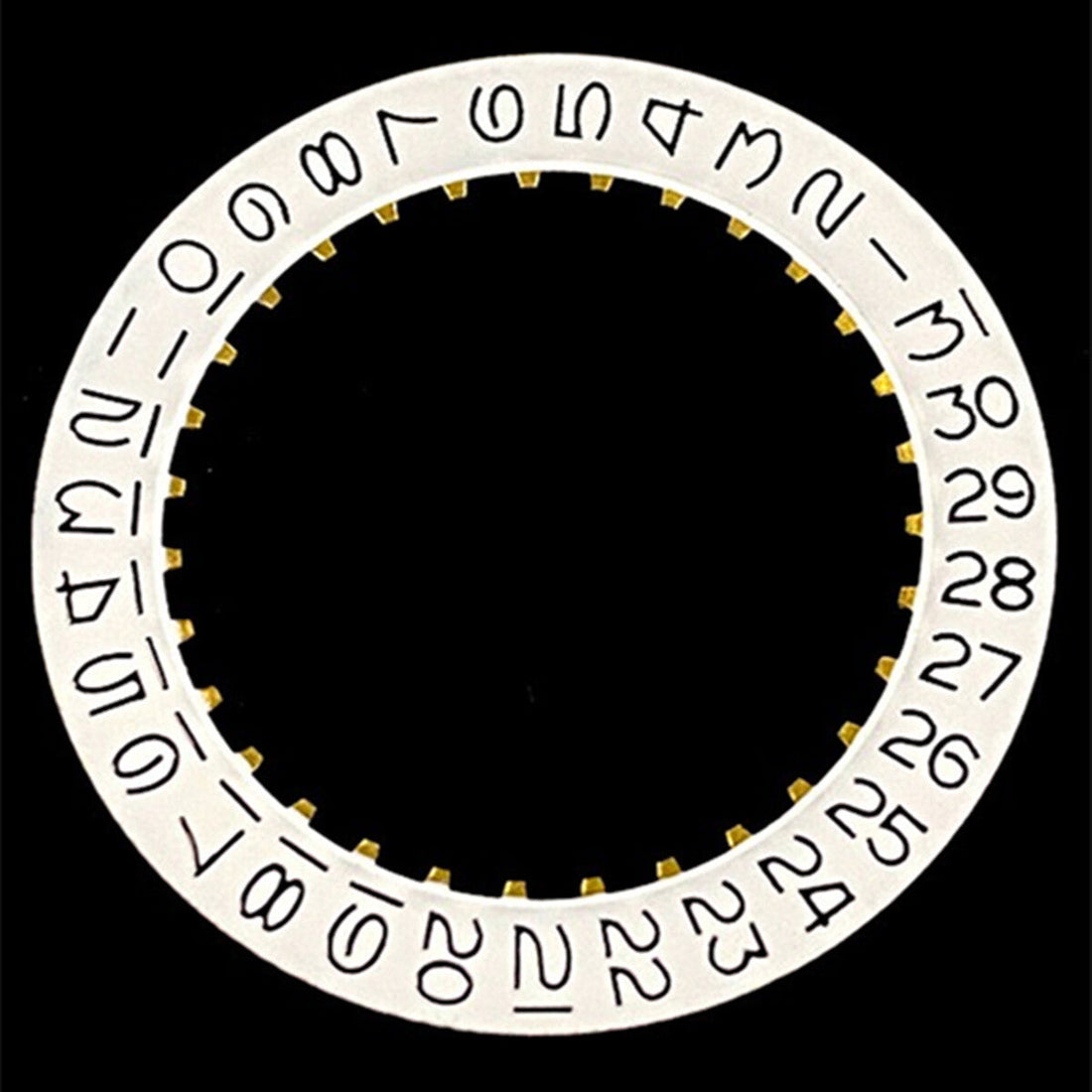 White numeral date disk wheel for ETA2824 watch movement, Datejust style, date at 3 o'clock position.