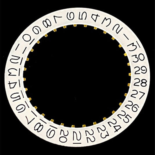 White numeral date disk wheel for ETA2824 watch movement, Datejust style, date at 3 o'clock position.