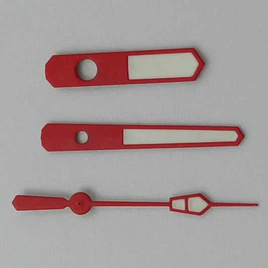 Red-trimmed 12.5mm watch hands with white paint and green lume for NH35 NH36 7S26 7S36 movements.