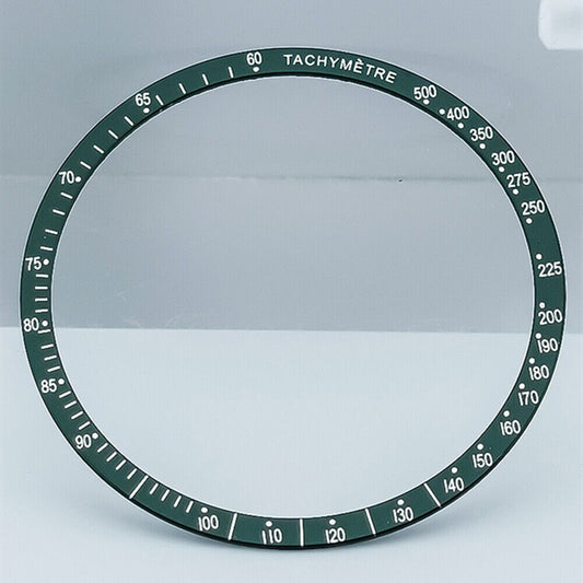 38.5mm green aluminum alloy watch bezel with white font, designed for Omega Speedmaster models.