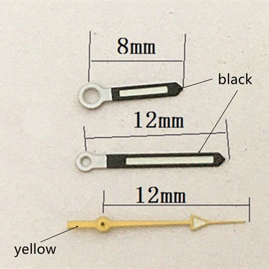 12mm black trim lume watch hands for Seagull ST6 automatic movement, enhancing dial readability.