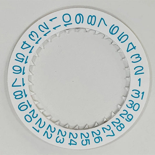 Blue font date disk wheel on white background for NH35 watch movement, compatible with various timepieces.