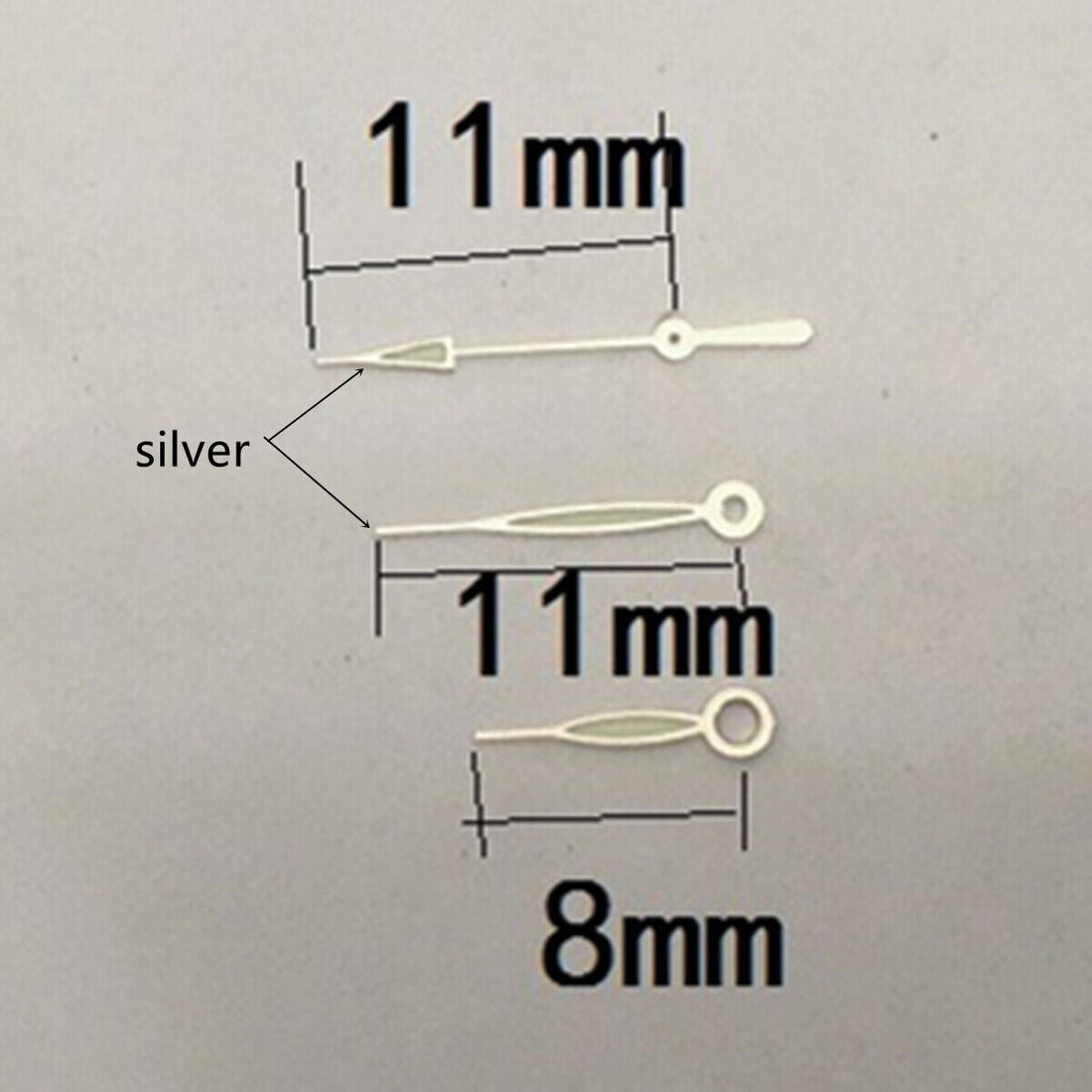 11mm silver-trimmed green lume watch hands for Miyota 1M12 movement, precise accessory