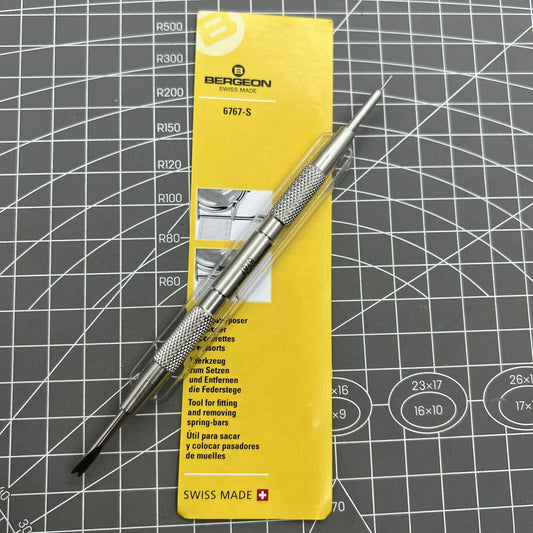 Bergeon 6767-S spring bar tool for precise watch bracelet fitting and removal, ideal for repairs and adjustments.