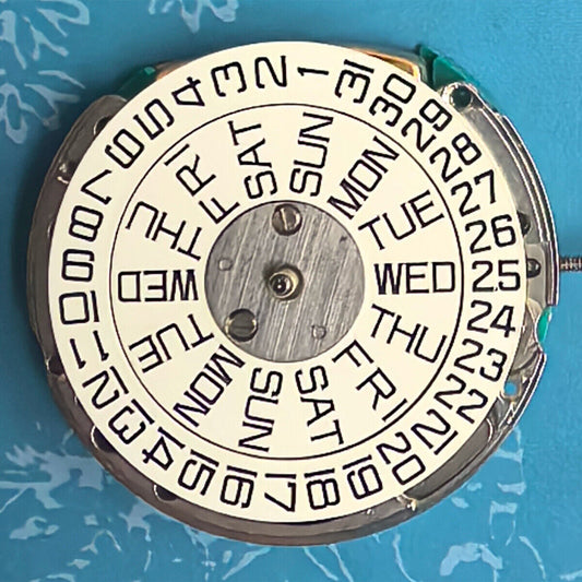 Swiss Made ESA9181 quartz watch part with silver finish, double calendar, and 3 hands for watch repair.