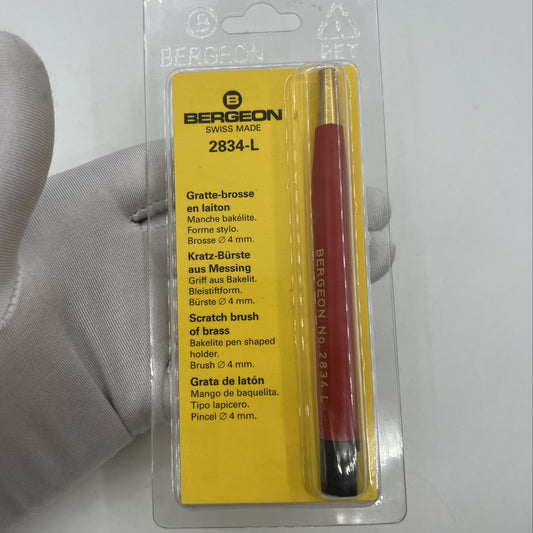 Bergeon 2834-L brass scratch brush, 10mm pen shape for precise Swiss watch repair cleaning.