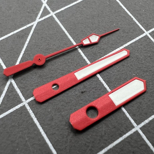12.5mm red-trimmed white watch hands with green lume, compatible with NH35 NH36 7S26 7S36 movements