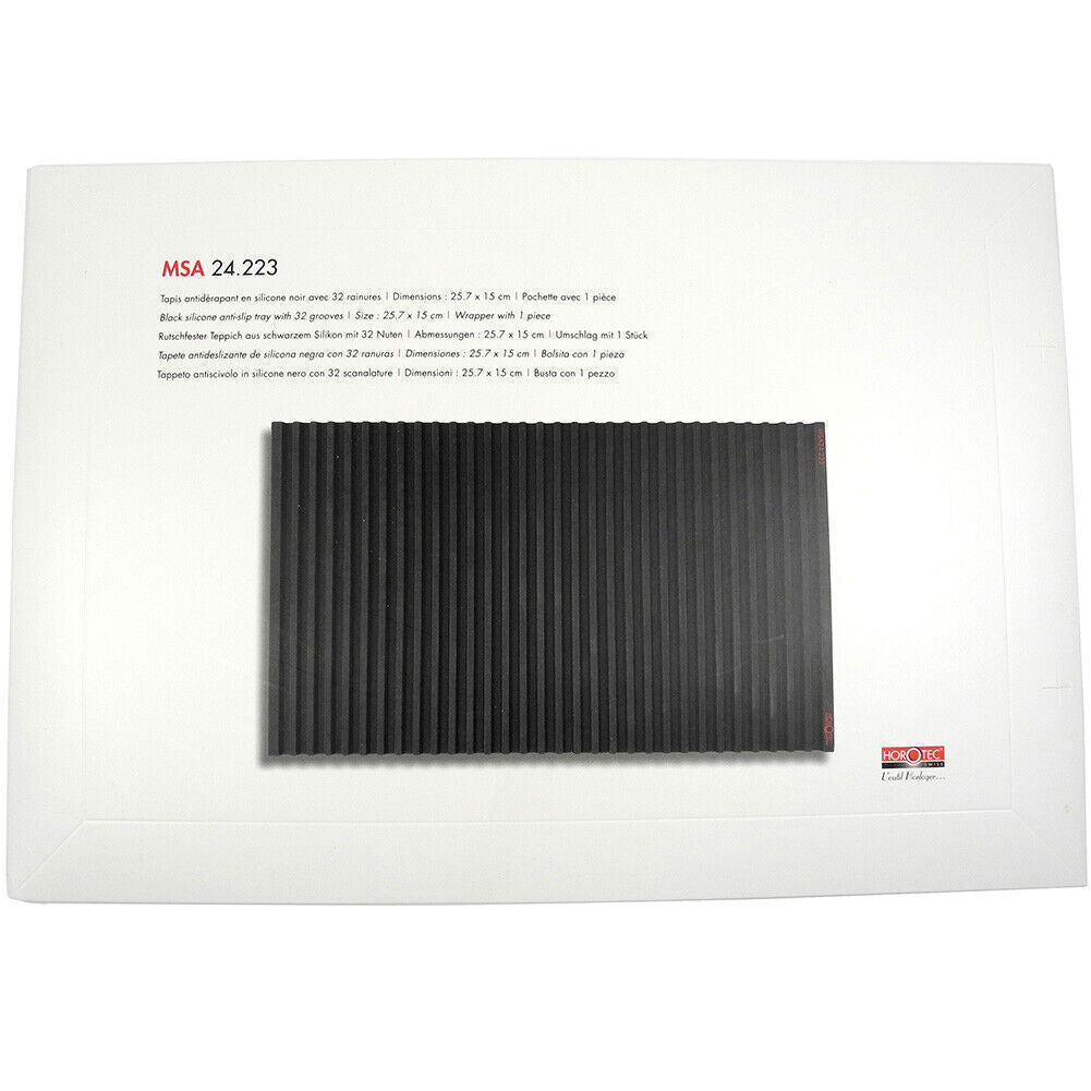 Horotec MSA24.223 black silicon bench mat with 32 anti-slip grooves for secure watch repairs.
