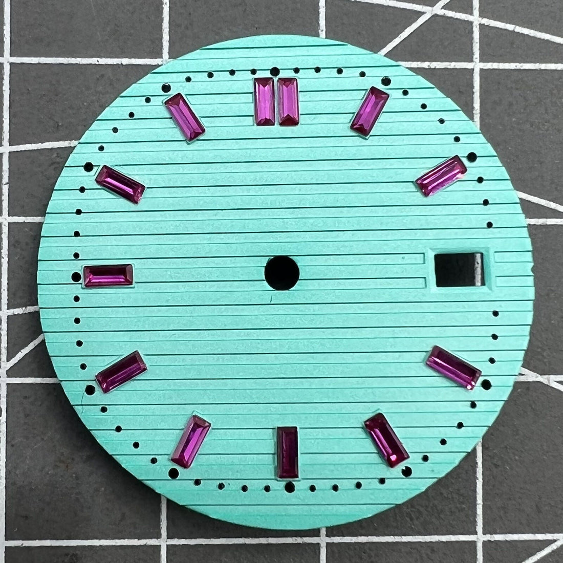 Light green 29.8mm watch dial with pink imitation gemstone, compatible with NH35 movement.